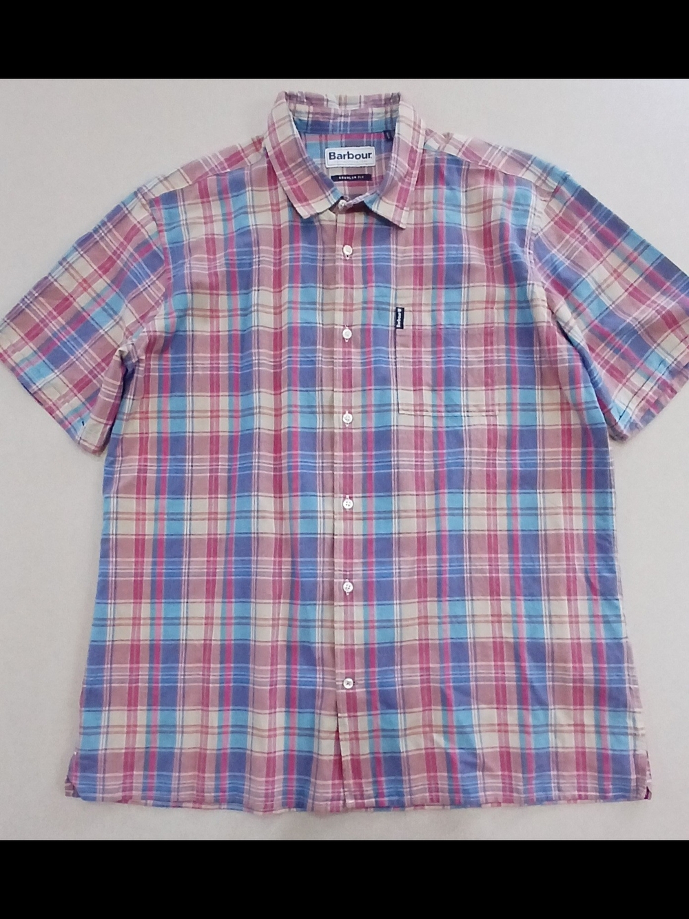 Barbour Men's Red & Blue Plaid Short-Sleeve Button-Up Shirt Size MEDIUM